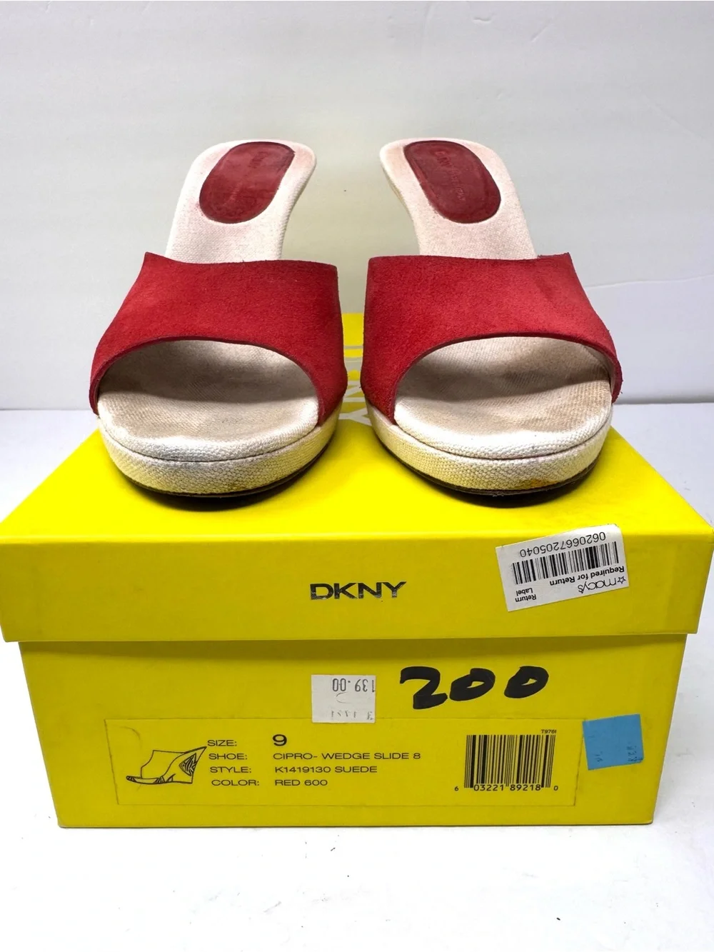 DKNY red suede peep toe wedges, made in Italy, size 9